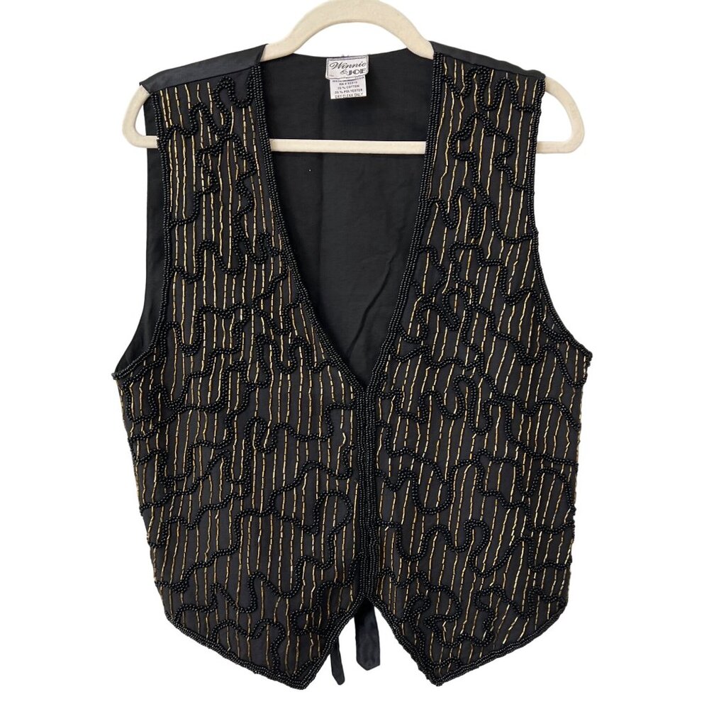 Winnie and Joe Beads Embellished Vest Size L Black Gold Witchy Goth Grunge Retro